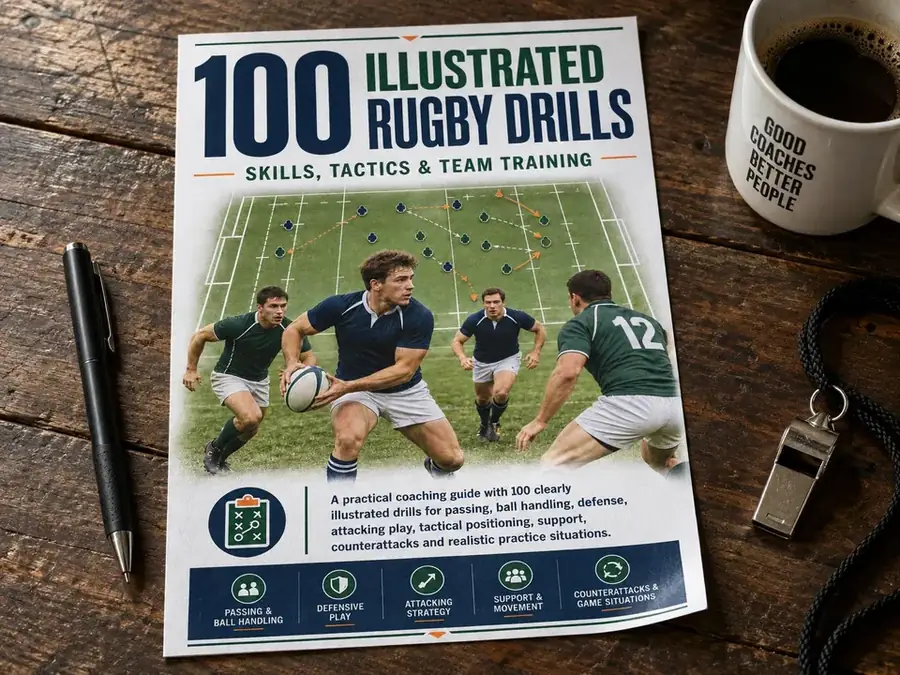 Rugby drills guide printed in A4 format on a table