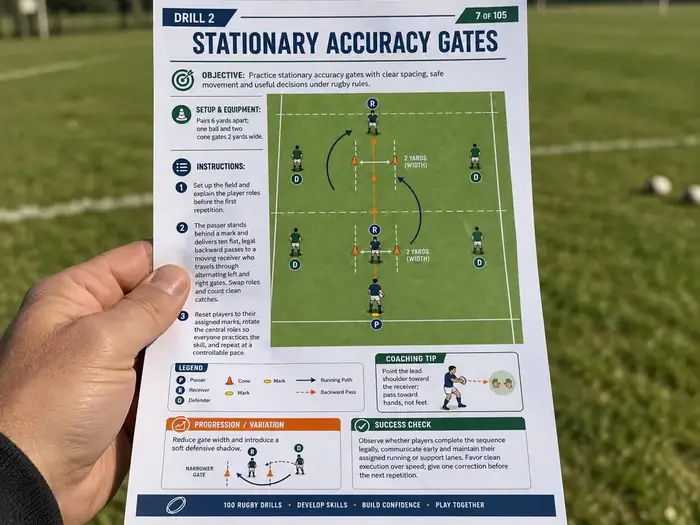 A hand holding an A4 sheet of rugby drills