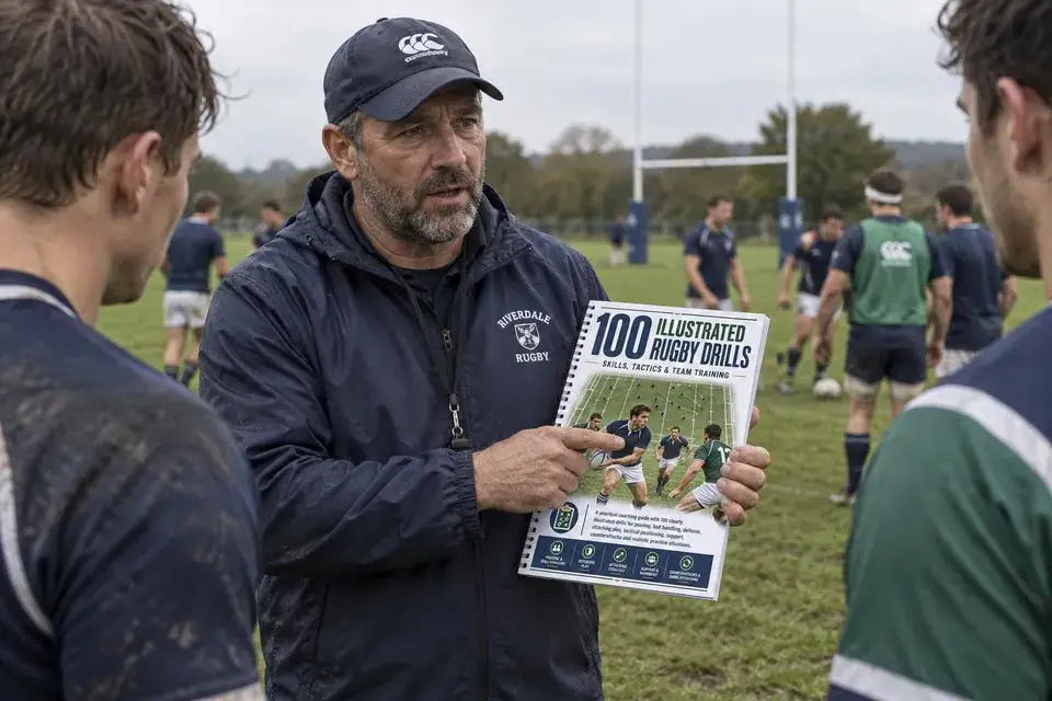 Coach consulting the rugby drills guide on the field