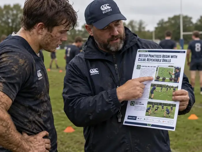 A coach showing the printed sheet to a player on the field