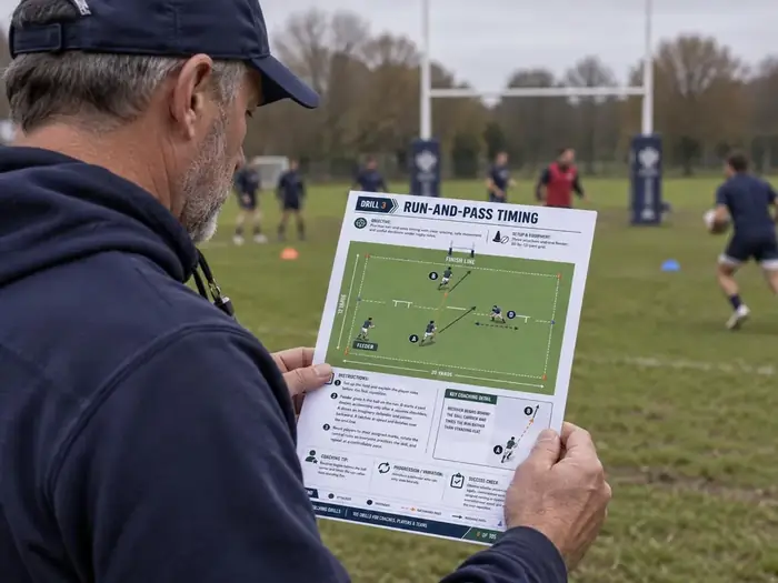 An American coach reading a printed drill on the sideline